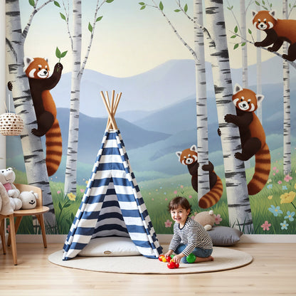 Kids-Mundo red panda birch forest wall mural in a soft green nursery with a cot