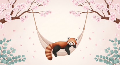 Kids-Mundo flat artwork preview of the sleepy red panda cherry blossom wall mural design