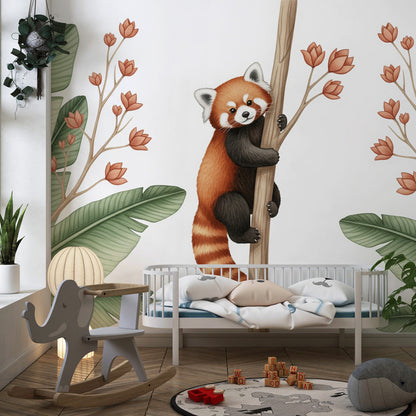 Kids-Mundo red panda jungle tree wall mural featured behind a bed in a bedroom