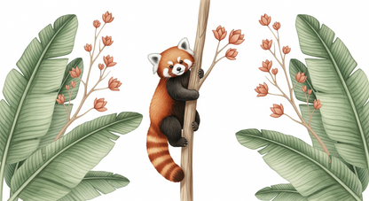 Flat artwork preview of the Kids-Mundo red panda climbing jungle tree wall mural