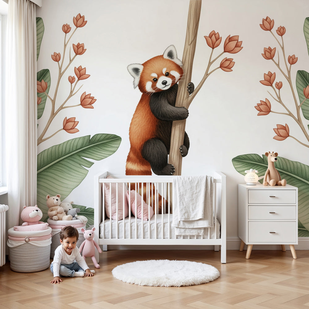 Kids-Mundo red panda climbing jungle wall mural shown on a wall in a nursery