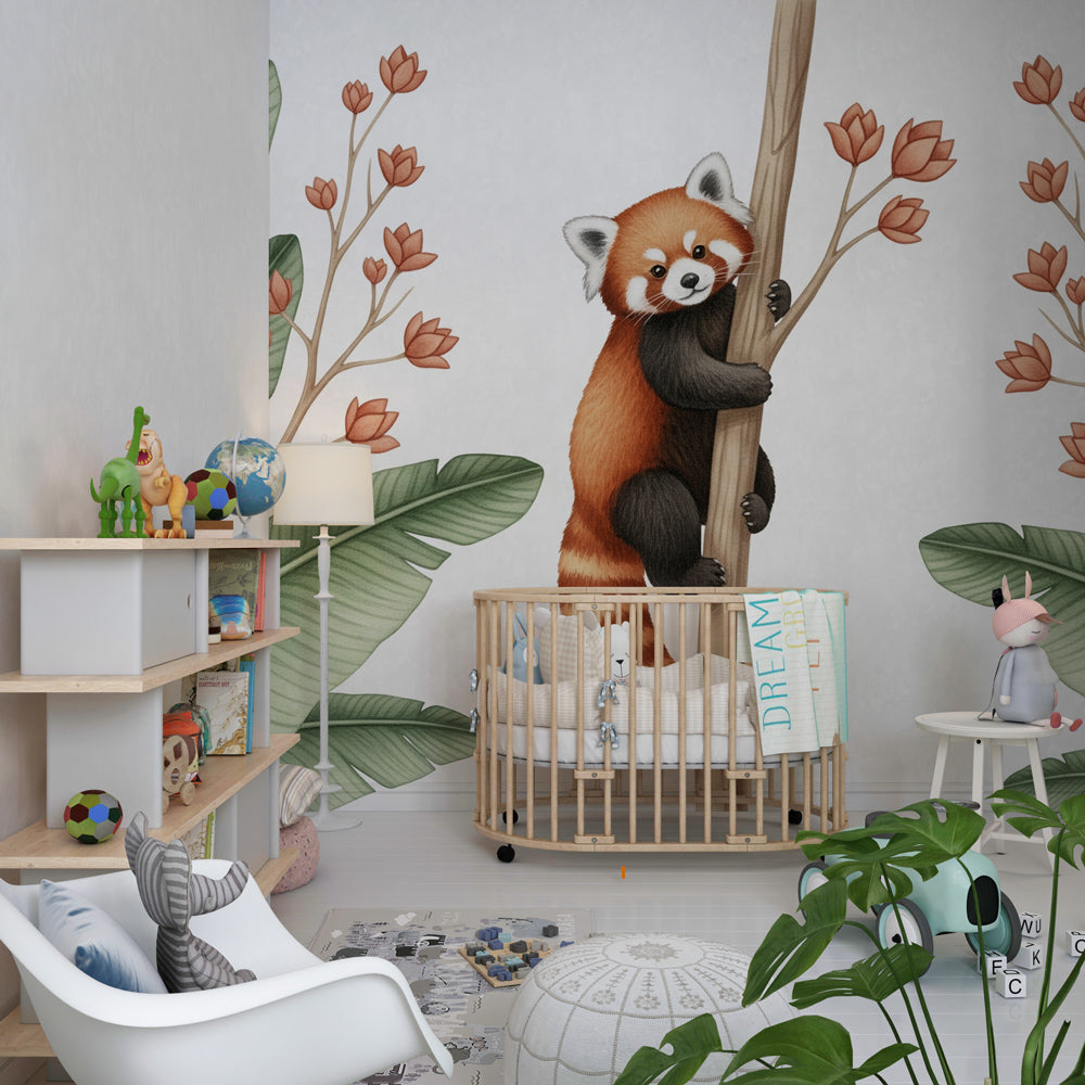 Kids-Mundo red panda climbing tree wall mural shown in a playroom setting