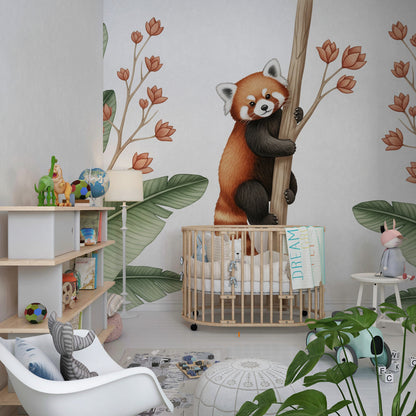 Kids-Mundo red panda climbing tree wall mural shown in a playroom setting