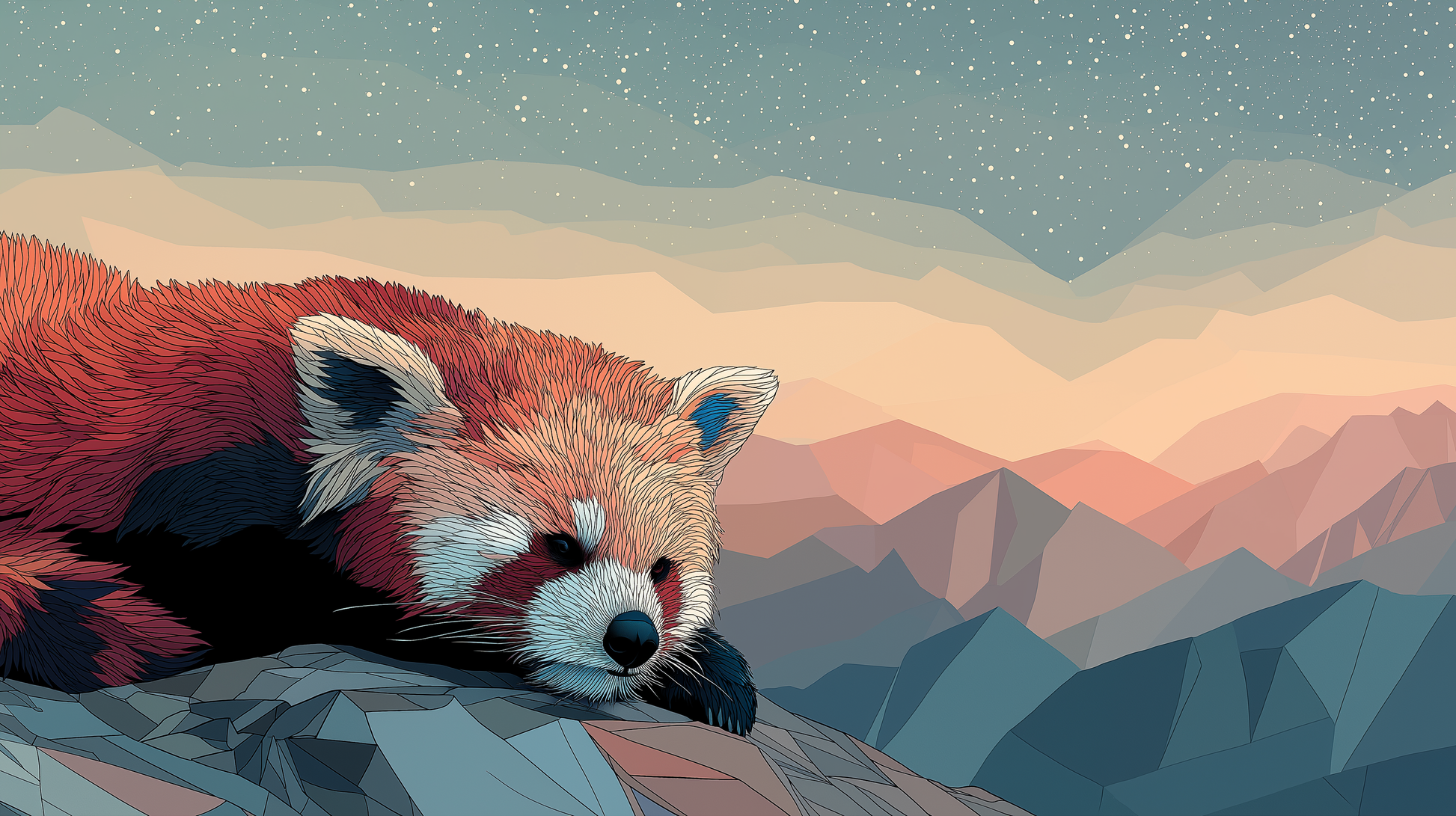Kids-Mundo flat artwork of a red panda resting on a rocky mountain ridge under a starry dusk sky