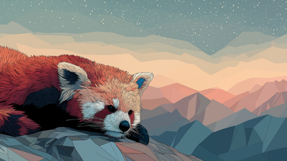 Kids-Mundo flat artwork of a red panda resting on a rocky mountain ridge under a starry dusk sky
