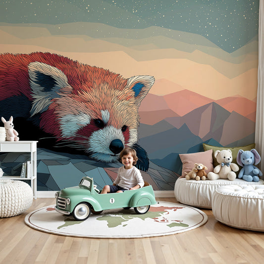 Kids-Mundo sleepy red panda mountain wall mural styled in a calm nursery with a wooden cot and soft rug