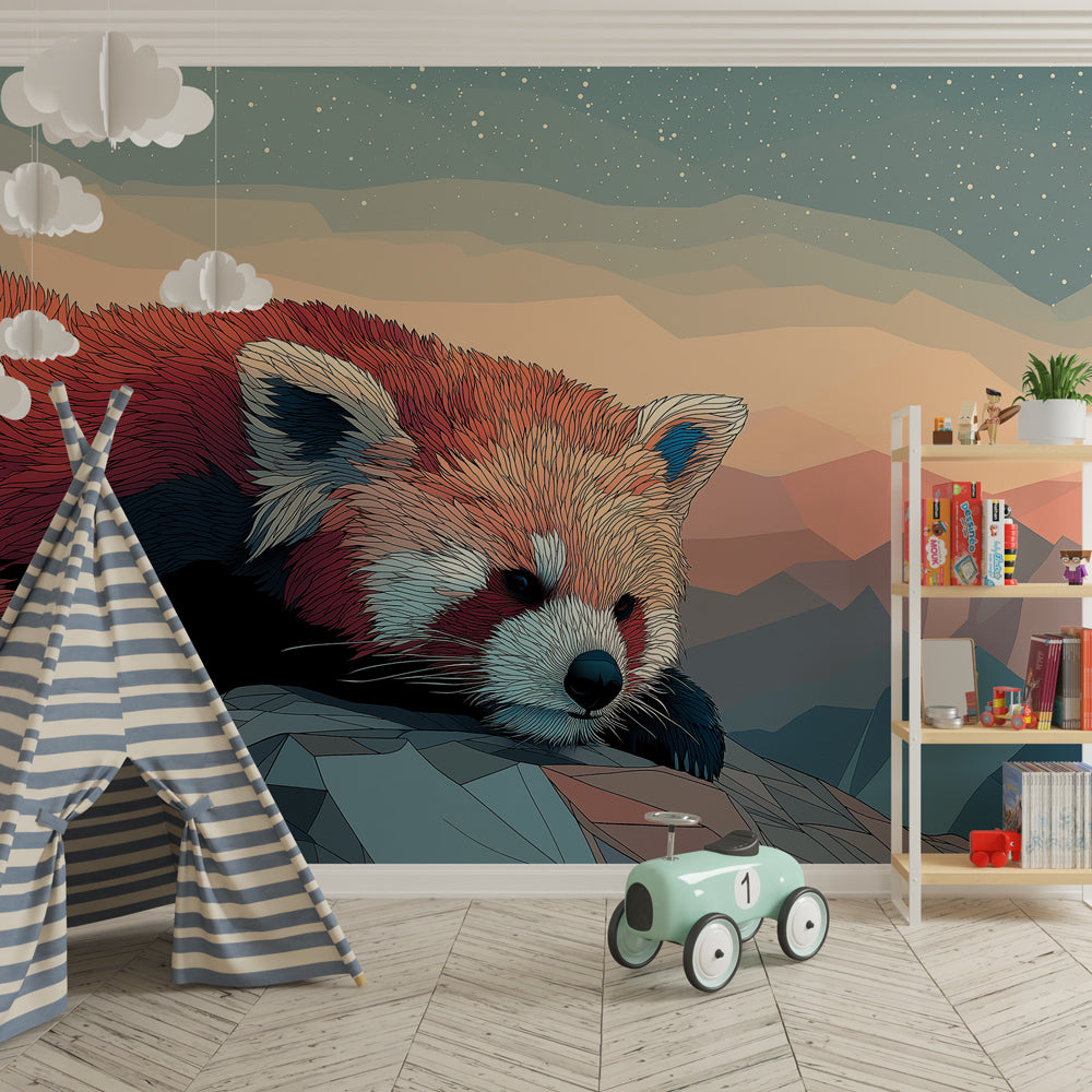 Kids-Mundo mountain wall mural with a sleepy red panda brightening a playful children's playroom wall