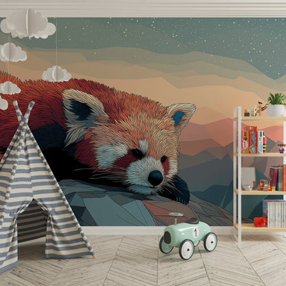 Kids-Mundo mountain wall mural with a sleepy red panda brightening a playful children's playroom wall