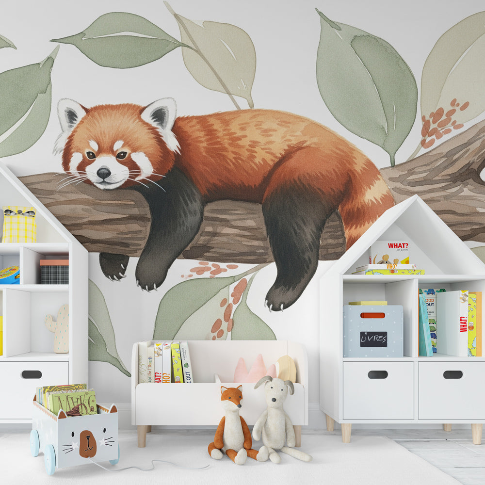 Tropical red panda wallpaper transforming baby's bedroom into nature sanctuary