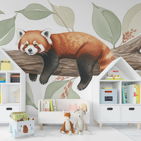 Tropical red panda wallpaper transforming baby's bedroom into nature sanctuary