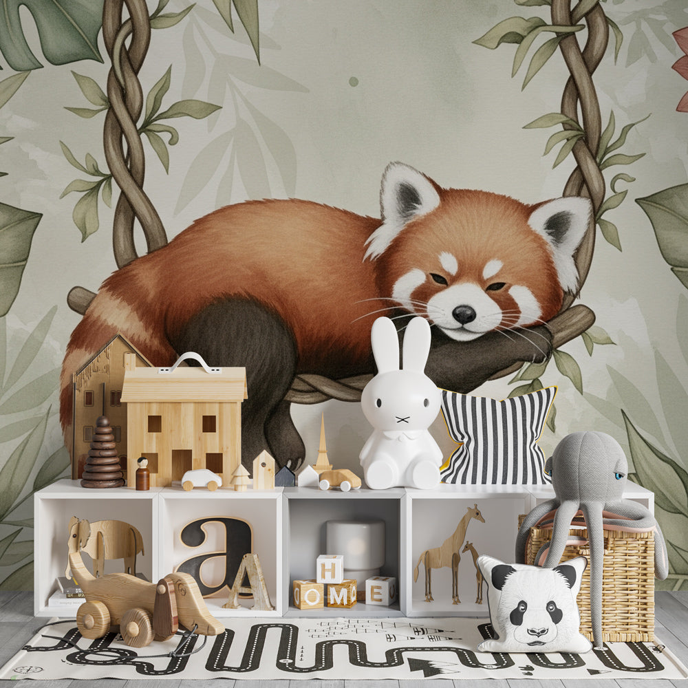 Tropical red panda wallpaper in modern baby bedroom with natural wood furniture and soft lighting