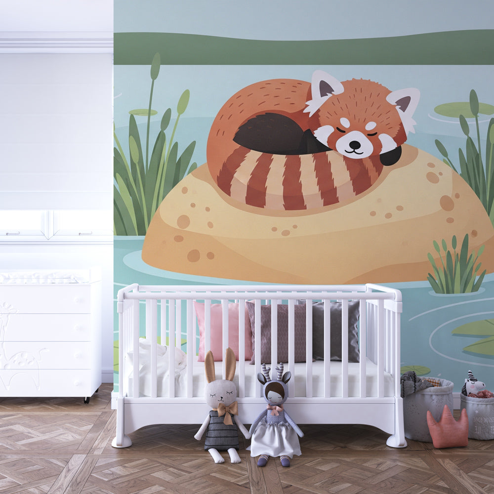 Peaceful red panda wallpaper in modern children's bedroom with light wood furniture and soft lighting