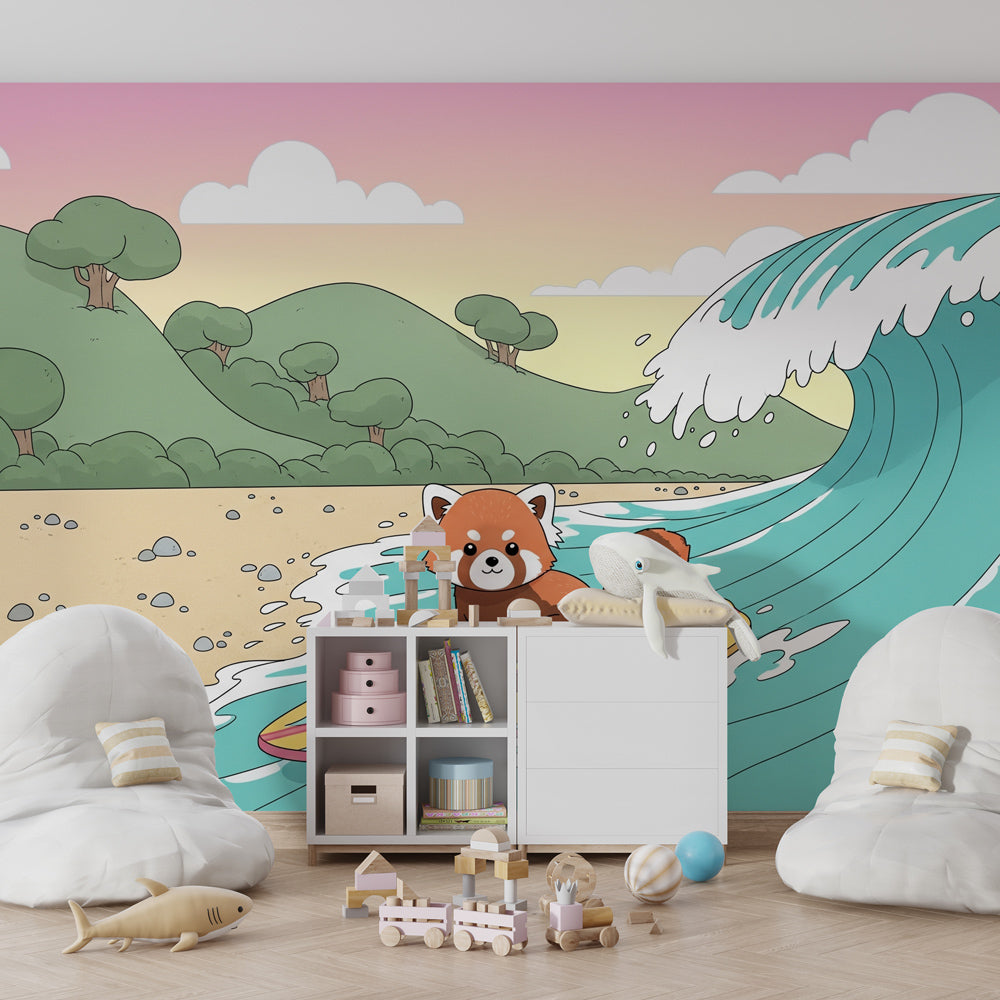 Red panda surfing wallpaper creating adventurous kids bedroom with coastal decorative elements