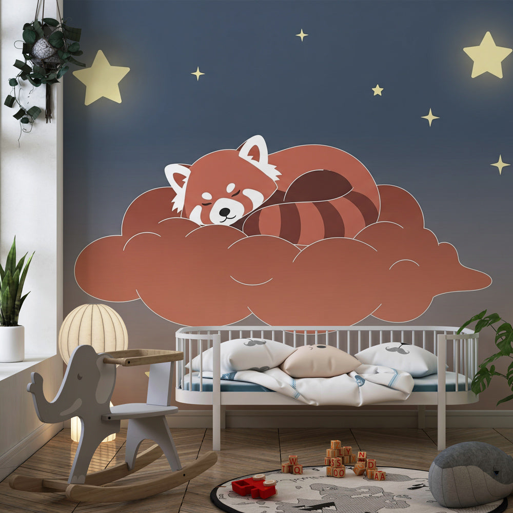 Children's bedroom featuring red panda cloud wallpaper with starry night theme by Kids-Mundo