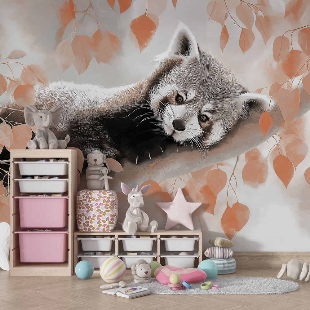 Animal themed mural wallpaper featuring red panda in cozy children's bedroom setting