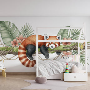 Tropical red panda wallpaper creating adventure-themed children's bedroom with botanical elements