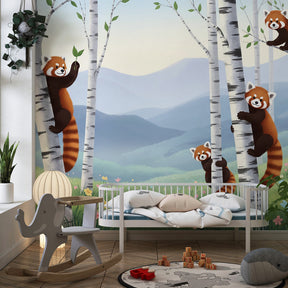 Forest-themed red panda wallpaper in modern children's bedroom setting