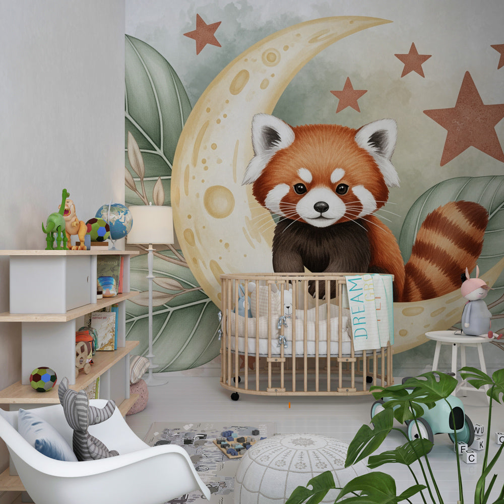 Children's bedroom featuring red panda and stars mural wallpaper with cozy decor