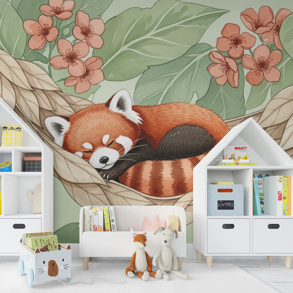 Sleeping red panda wallpaper with pink flowers creating serene children's room decor by Kids-Mundo