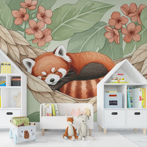 Sleeping red panda wallpaper with pink flowers creating serene children's room decor by Kids-Mundo