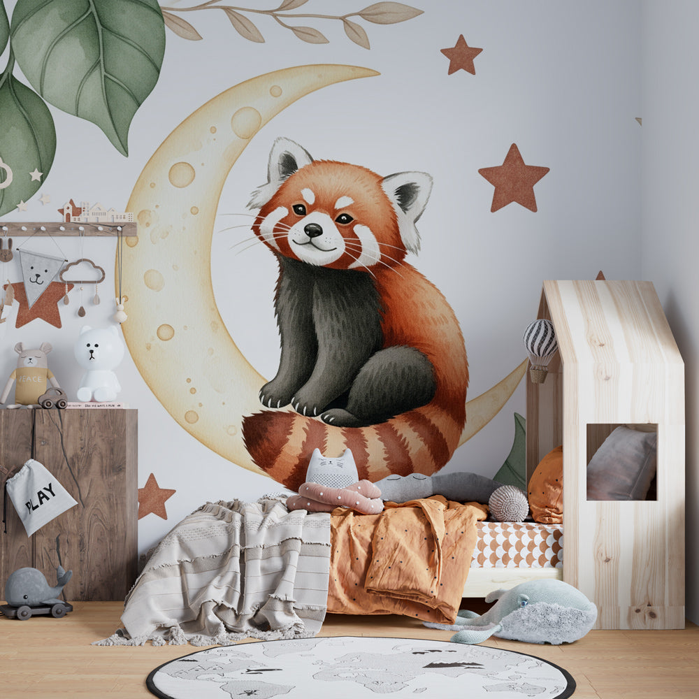 Celestial red panda wallpaper creating magical atmosphere in children's bedroom decor