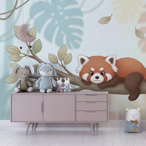 Cute red panda animal wallpaper transforming kids bedroom with calming blue and green tones