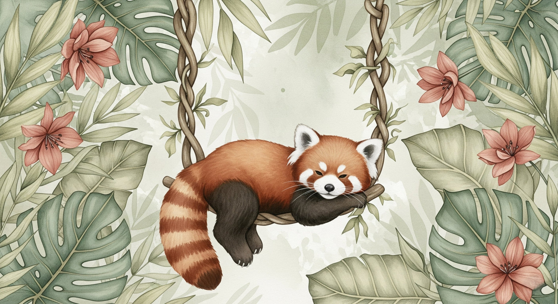 Detailed red panda mural wallpaper design pattern showing sleeping panda with tropical flowers by Kids-Mundo