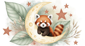 Detailed red panda on moon mural wallpaper design pattern with stars and leaves by Kids-Mundo