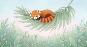 Detailed red panda mural wallpaper design pattern showing sleeping panda on leaf by Kids-Mundo