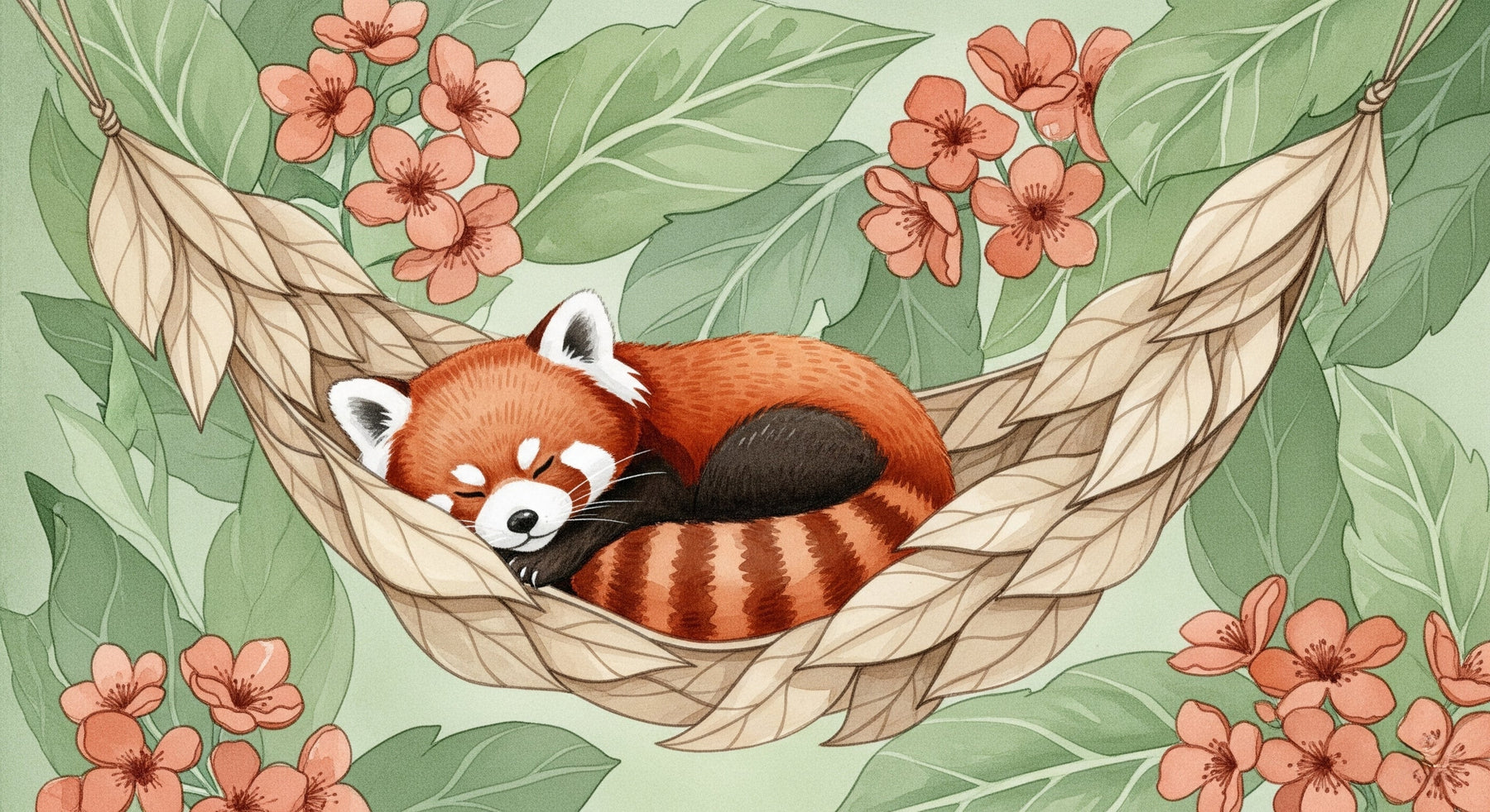 Detailed red panda mural wallpaper design pattern showing sleeping animal with floral elements by Kids-Mundo