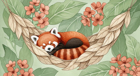 Detailed red panda mural wallpaper design pattern showing sleeping animal with floral elements by Kids-Mundo