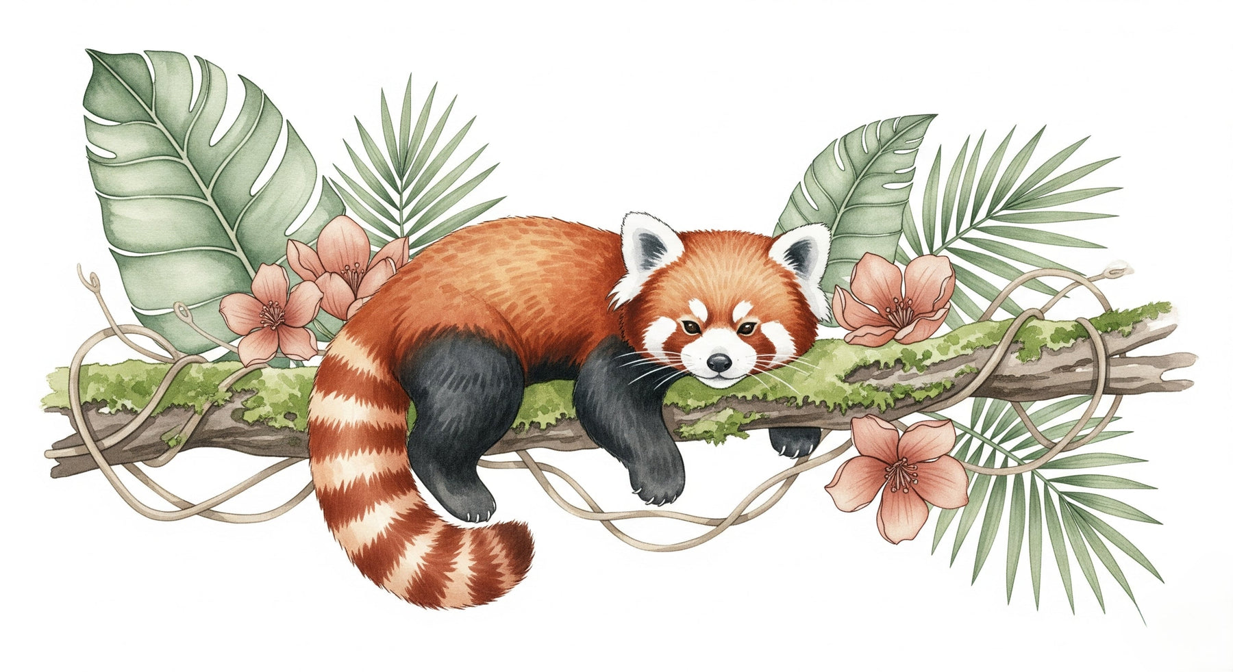 Detailed red panda jungle mural wallpaper design pattern with tropical foliage by Kids-Mundo