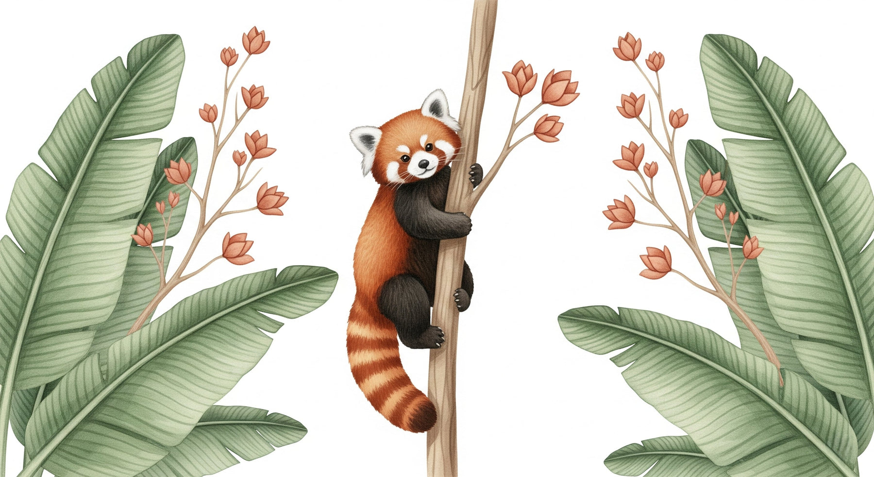 Detailed red panda jungle mural wallpaper design pattern with lush tropical foliage by Kids-Mundo