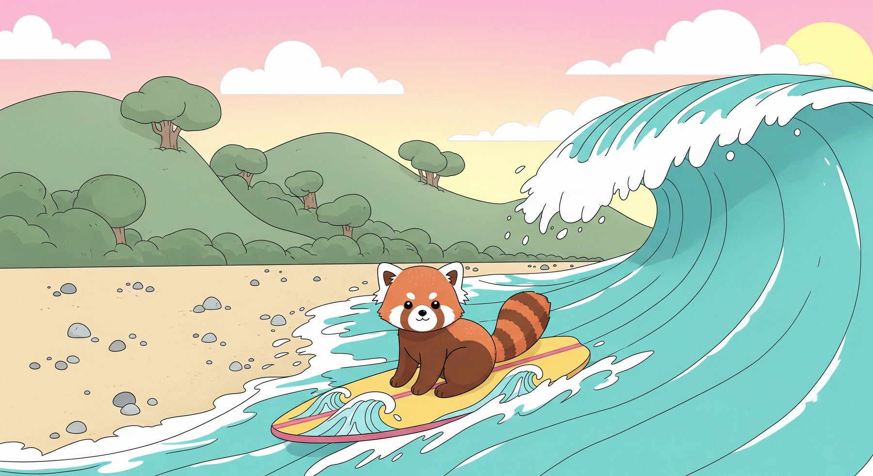 Detailed red panda surfing mural wallpaper design pattern with ocean waves by Kids-Mundo