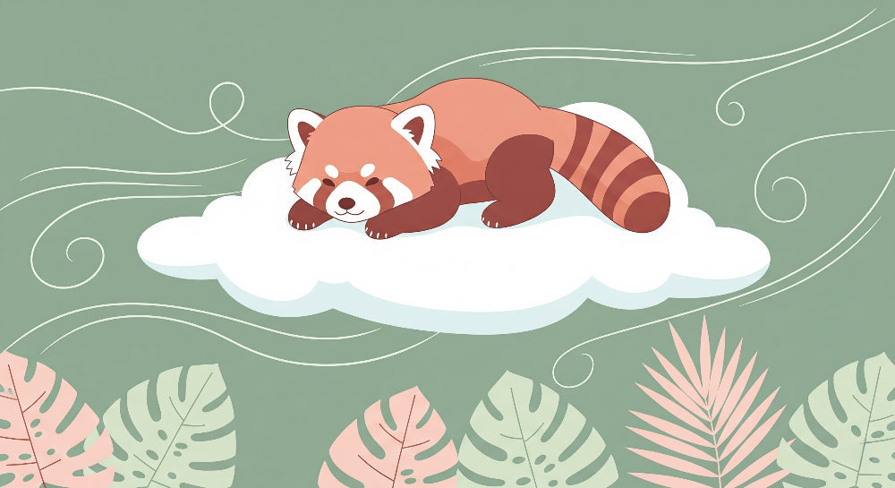 Detailed red panda on cloud mural wallpaper design pattern with green foliage by Kids-Mundo