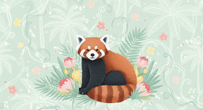 Detailed red panda and tropical jungle floral mural wallpaper design pattern by Kids-Mundo