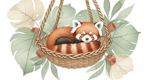 Detailed red panda hammock mural wallpaper design pattern with tropical leaves by Kids-Mundo