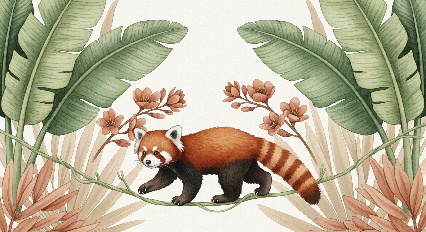 Detailed red panda tropical jungle mural wallpaper design pattern by Kids-Mundo
