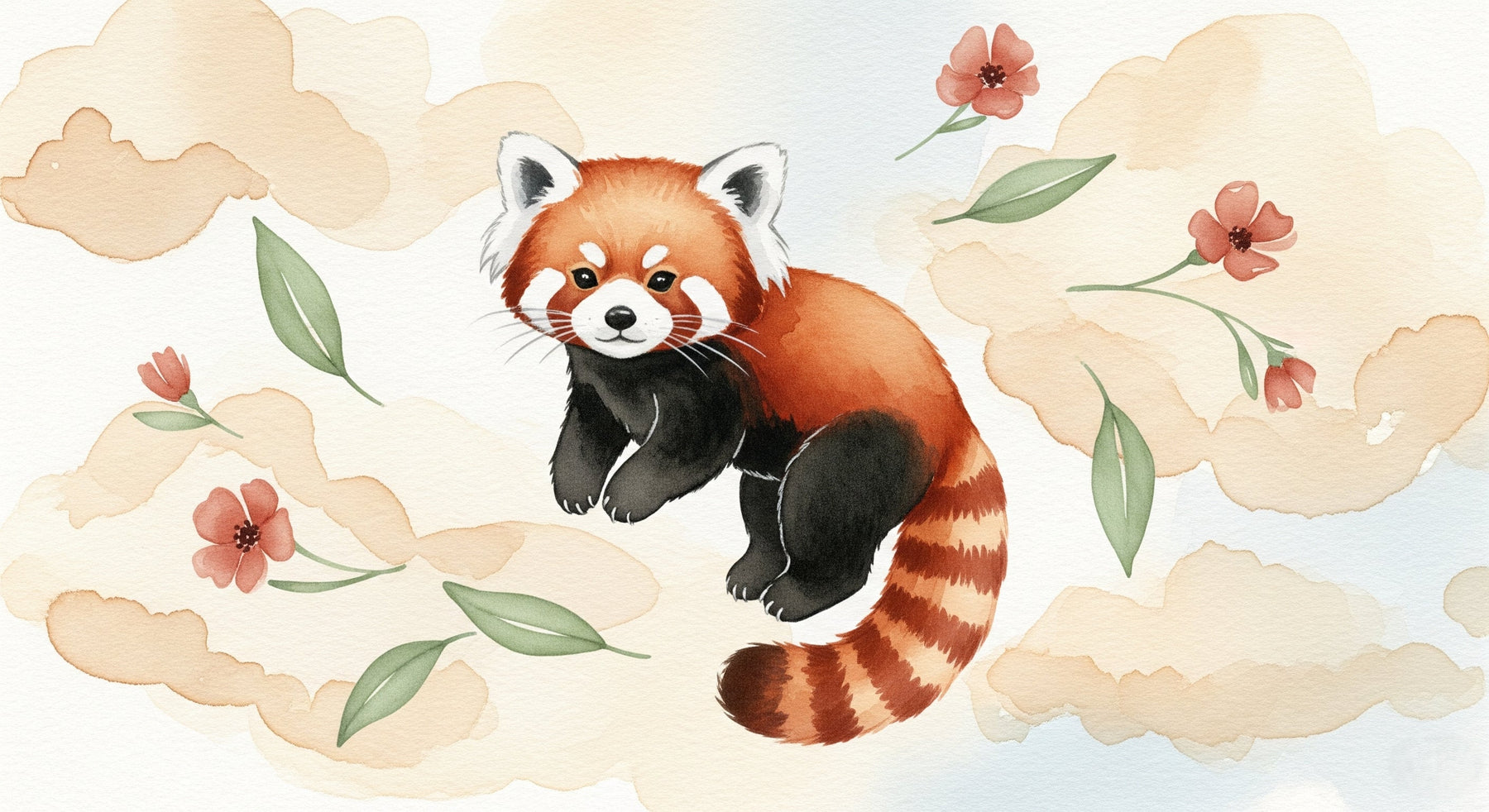 Detailed red panda mural wallpaper design pattern with clouds and flowers by Kids-Mundo