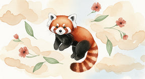 Detailed red panda mural wallpaper design pattern with clouds and flowers by Kids-Mundo