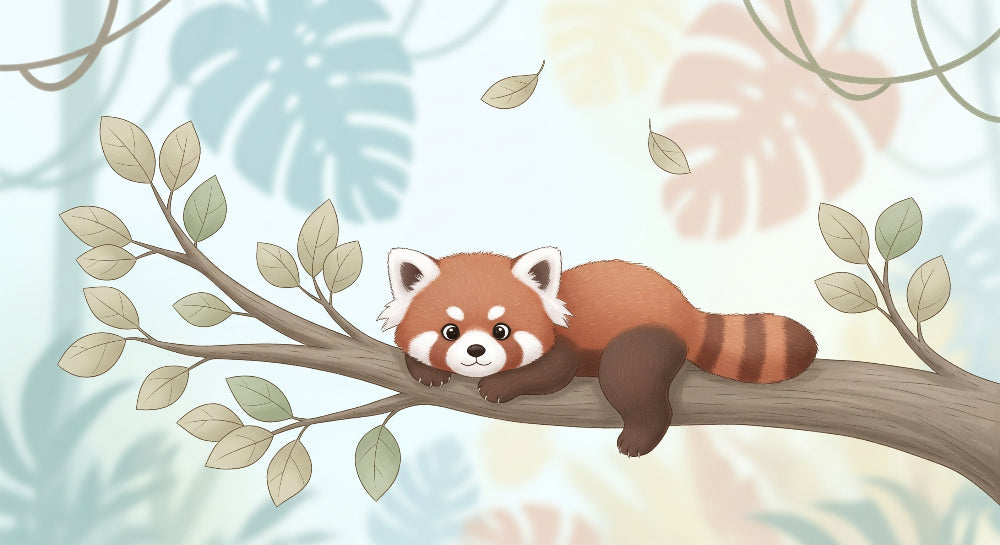 Detailed red panda mural wallpaper design pattern with branch and foliage by Kids-Mundo