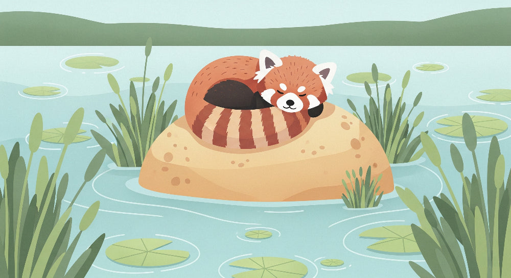 Detailed red panda sleeping on stone pond scene mural wallpaper design pattern by Kids-Mundo