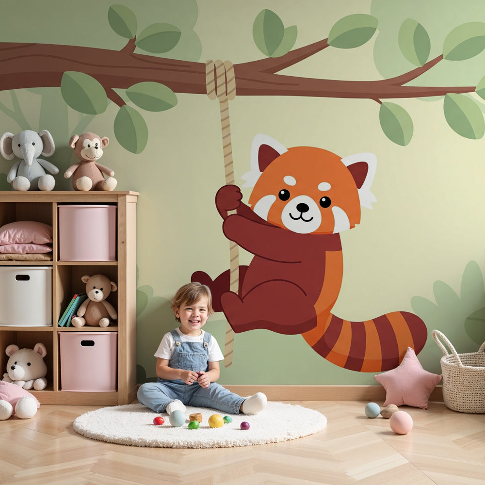 Red panda jungle mural wallpaper in modern kids nursery with natural wood furniture by Kids-Mundo
