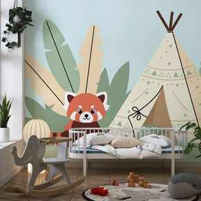 Adventure tipi wallpaper with red panda design in cozy children's bedroom setting