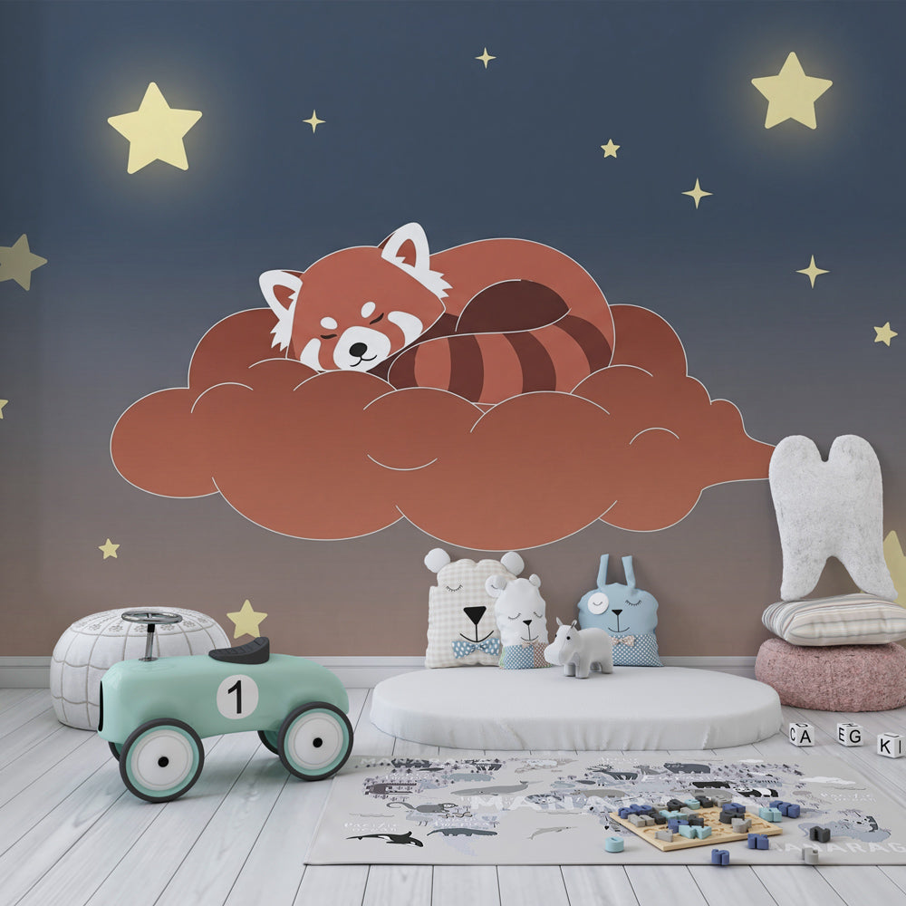 Peaceful kids room with red panda sleeping on cloud mural wallpaper and soft decor by Kids-Mundo