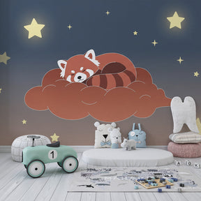 Peaceful kids room with red panda sleeping on cloud mural wallpaper and soft decor by Kids-Mundo