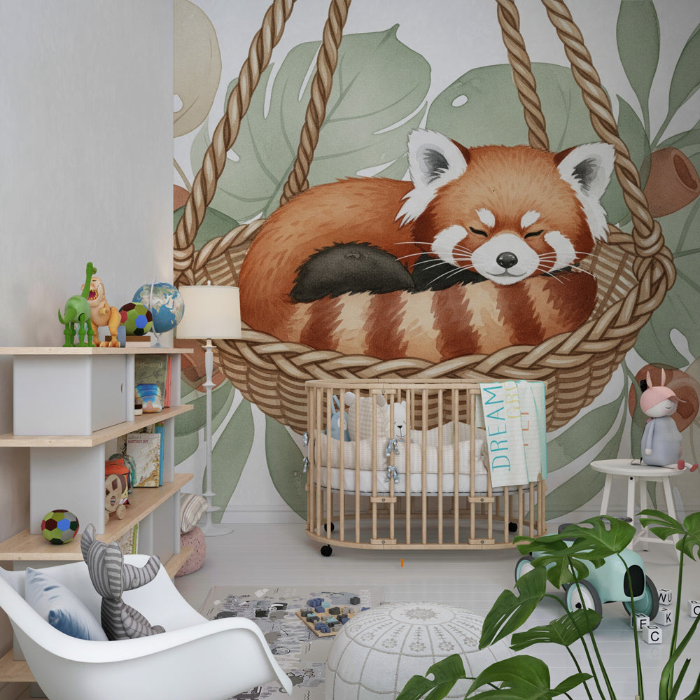Animal mural wallpaper featuring sleeping red panda in tropical hammock scene