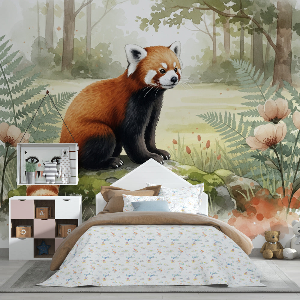 Forest animal mural wallpaper with red panda creating magical kids room atmosphere by Kids-Mundo