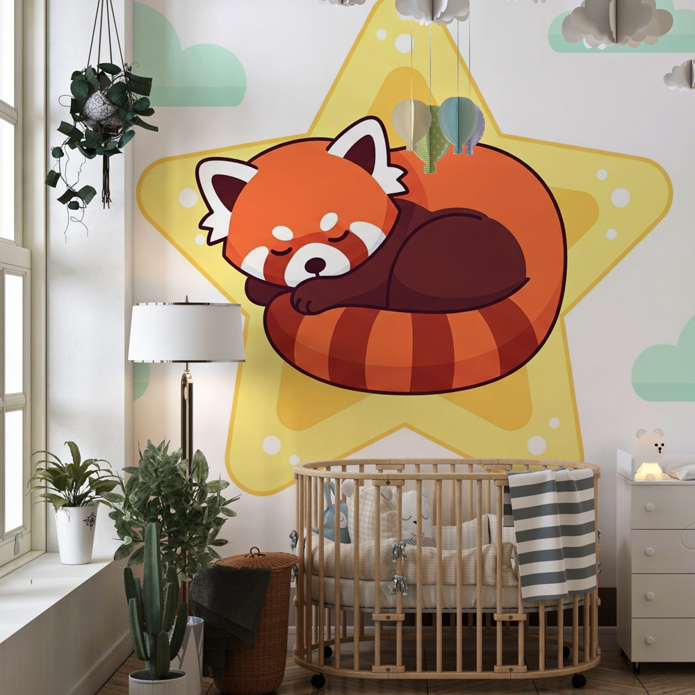 Whimsical red panda wall mural creating dreamy atmosphere in toddler bedroom