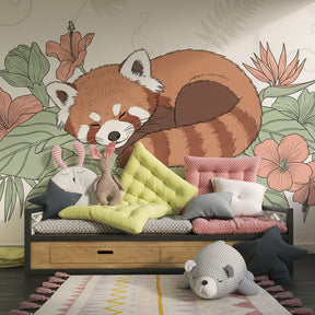 Nature-themed red panda wallpaper transforming kids room into forest sanctuary